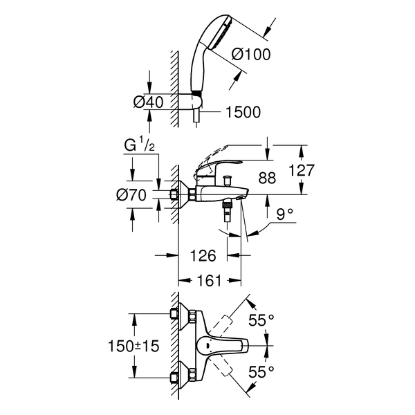 Смеситель для ванны с душем Grohe Eurostyle New 3330220A с душевым гарнитуром фото