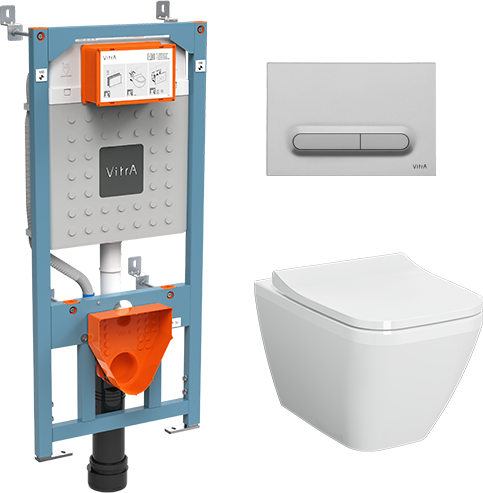 Унитаз комплект с инсталляцией VitrA Integra Square 9856B003-7206 с тонким сиденьем с микролифтом клавиша хром матовый фото