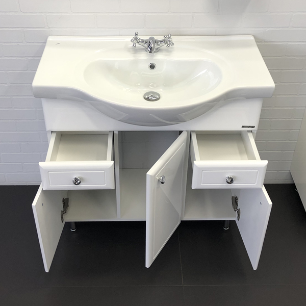 Тумба Comforty Сочи-85 белый глянец с раковиной Сенеж 87 фото