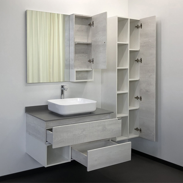 Тумба-умывальник Прага-90 00-00014424 дуб белый с графитовой столешницей 00-00014424, с раковиной COMFORTY T-Y9378 фото