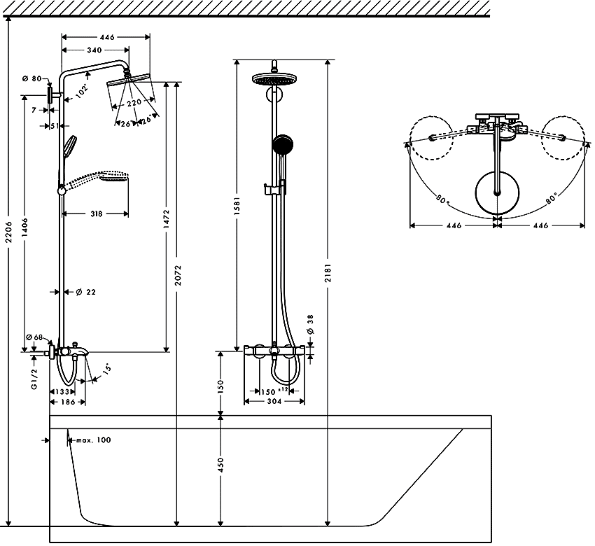 Высота воды ванны. HG Croma 220 Showerpipe душевая система, 27223000. Монтаж душевого смесителя схемы. Смеситель над ванной высота установки сбоку.