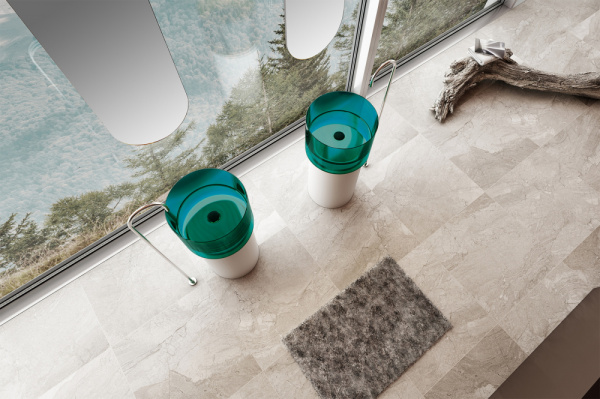 Напольная раковина из полиэфирной смолы Abber Kristall AT2701White-Aquamarin-H полиэфирная смола/искусственный камень, с техническим отверстием для монтажа у стены фото