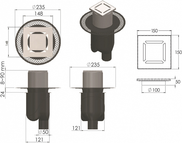 Душевой трап Berges Wasserhaus Platz Norma 090059 15x15 см с вертикальным сифоном фото