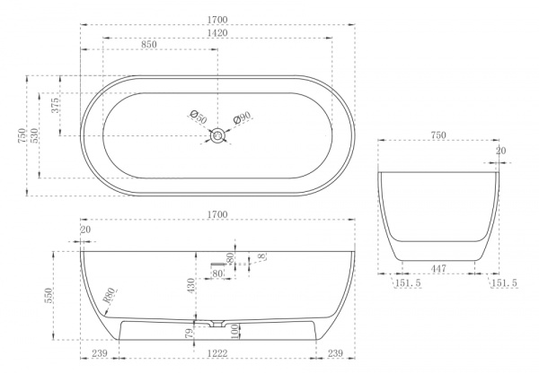 Ванна из искусственого камня Abber Stein AS9613-1.7 170x75 белая матовая фото