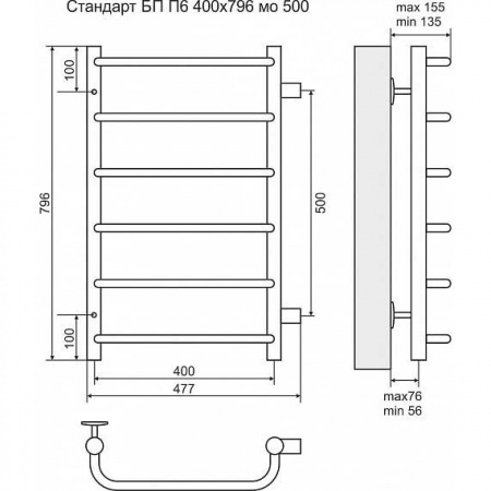 Водяной полотенцесушитель Terminus Стандарт П6 4670030725318 400х796 с боковым подключением фото
