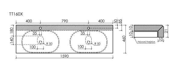 Столешница с отверстием под смеситель Sancos TT160A2X 160 см, Kreman фото
