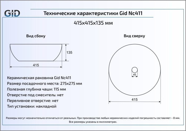 Накладная раковина GID NC411 41,5х41,5 фото