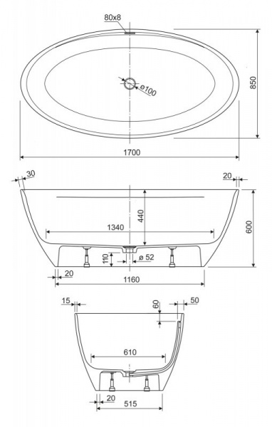 Ванна из литьевого мрамора Cezares Titan TITAN-OVAL-170-85-57 фото