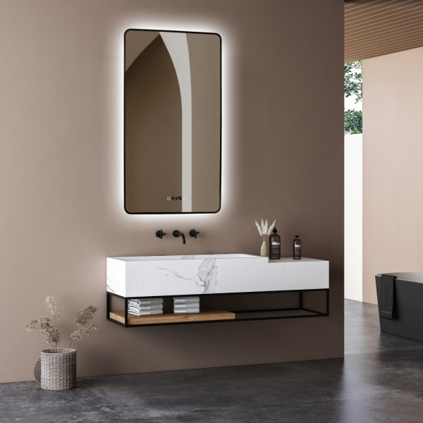 Зеркало с подсветкой, сенсорным выключателем, часами, подогревом Abber See AG6114SWHB 60x100 черное фото