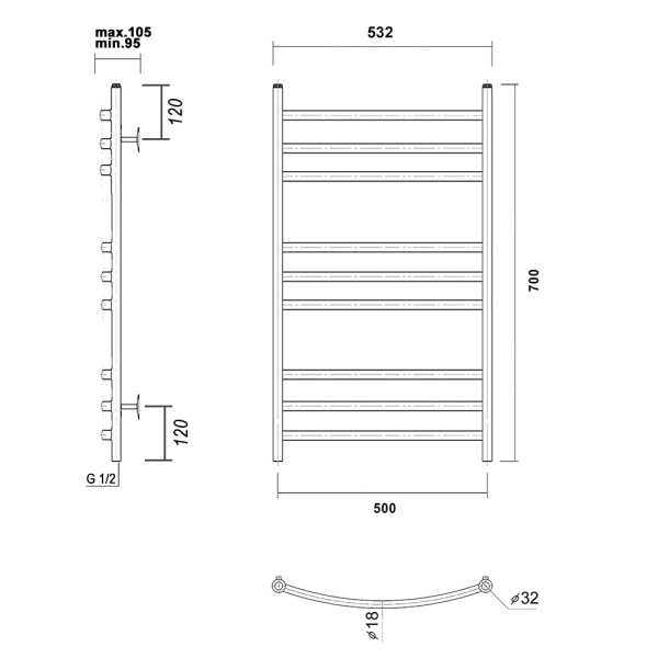 Полотенцесушитель водяной Domoterm Калипсо   Калипсо П9 500x700 ЧРН фото