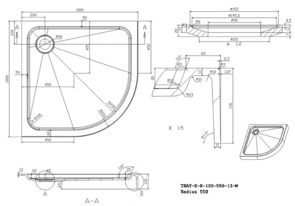 Поддон для душа Cezares Tray TRAY-S-R-100-550-13-W 100х100 фото