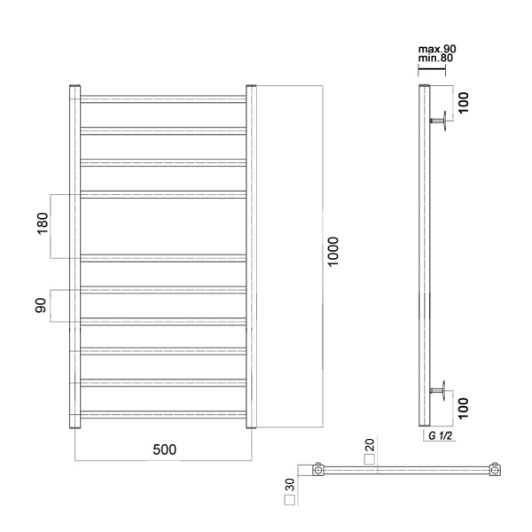 Полотенцесушитель водяной Domoterm Квадро Квадро П10 500х1000 фото