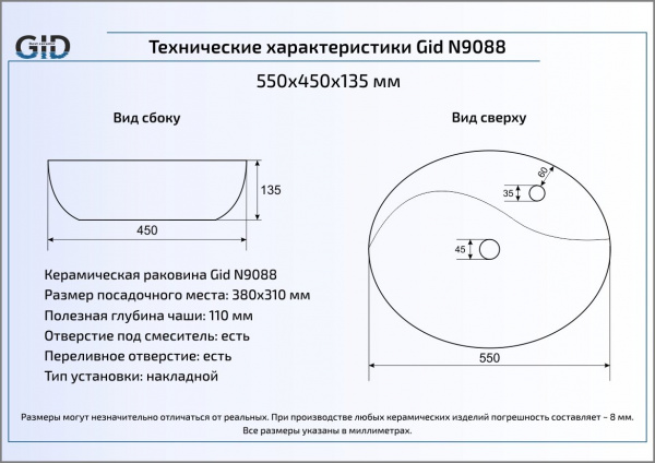 Накладная раковина GID N9088 55х45 фото