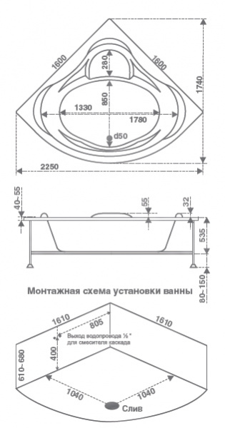 Ванна акриловая с гидромассажем Bas Мега 160х160 фото