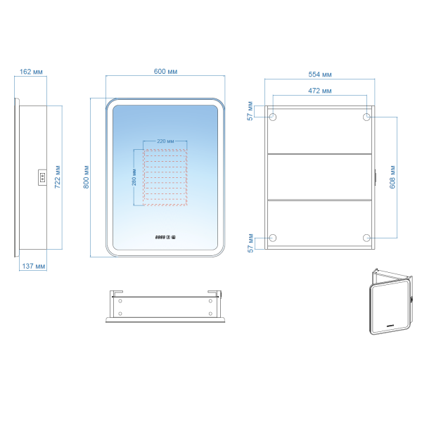 Зеркальный шкаф с подсветкой, подогревом и часами Aquame Фиджи AQM9203 правый, антрацит фото