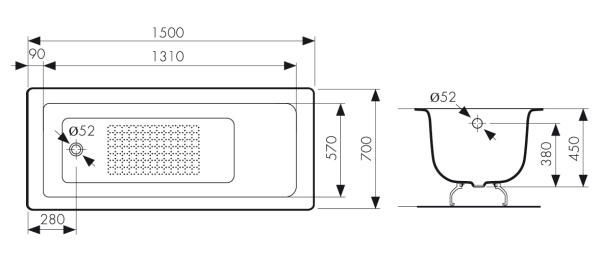 Чугунная ванна Kaiser КВ-1604 150x70 с антискользящим покрытием фото