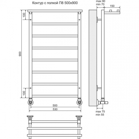 Водяной полотенцесушитель Terminus Контур с полкой П8 4660059582498 500х900 фото