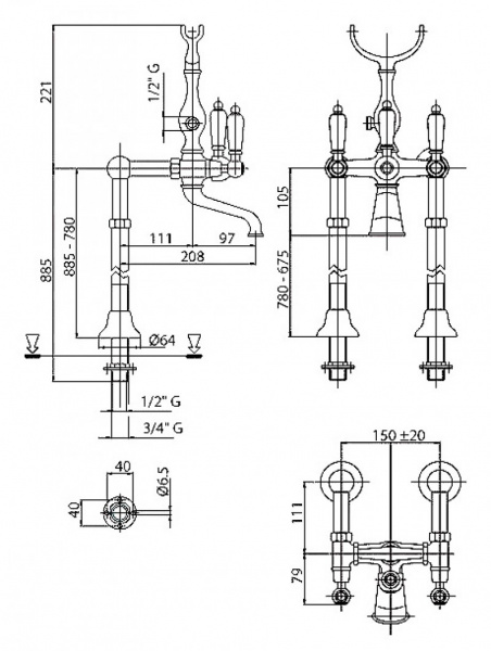 Смеситель для ванны с душем Cezares First FIRST-VDP-02-Bi бронза/белый фото