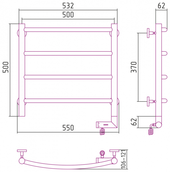 Полотенцесушитель электрический Сунержа Галант 2.0 50х50 с блоком управления справа, 00-5201-5050 фото