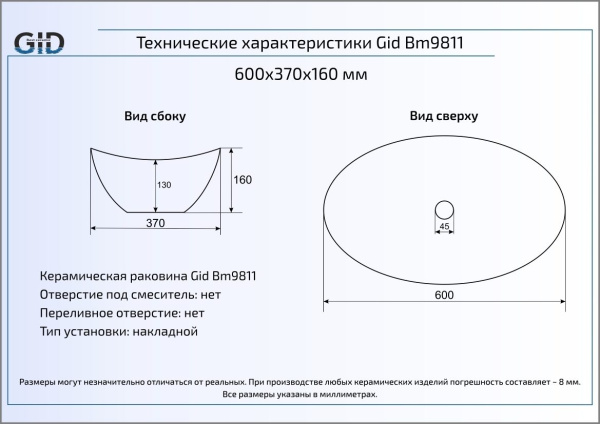 Накладная раковина GID Bm9811 фото