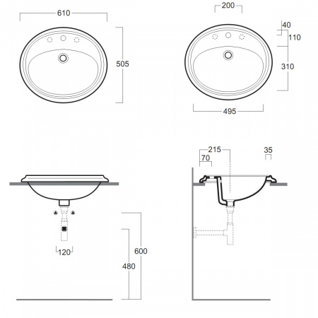 Раковина встраиваемая Simas Arcade AR859bi*3 с 3 отв. 61 см фото