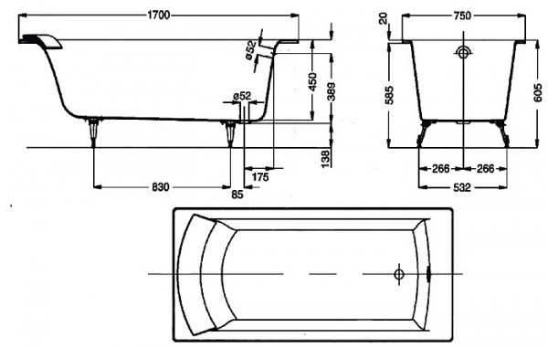 Чугунная ванна Jacob Delafon Biove E2930 без отверстий для ручек 170x75 фото