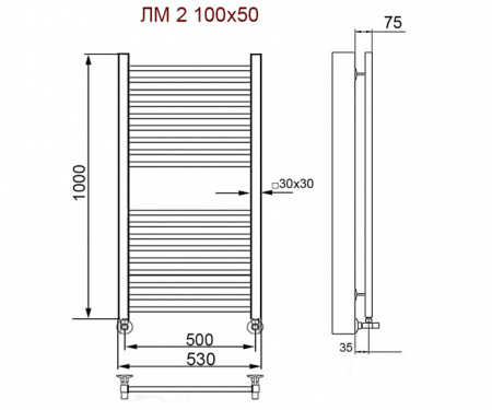 Водяной полотенцесушитель Ника Modern ЛМ 2 100/50 с вентилями фото