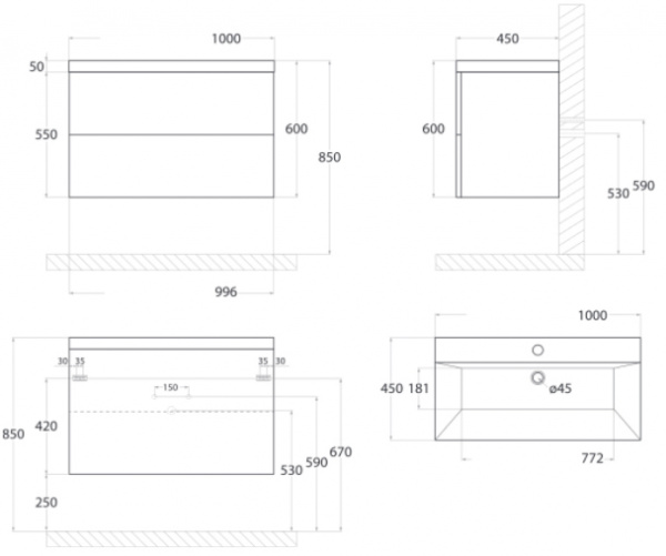 Тумба с раковиной подвесная Art&Max Verona-Push AM-Verona-Push-1000-2C-SO-St 100 см Камень светлый фото