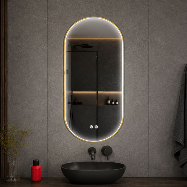 Овальное зеркало в золотой алюминиевой раме Comforty Оникс 00-00014221CF 50x100 светодиодная подсветка, контактный сенсор, антизапотевание фото
