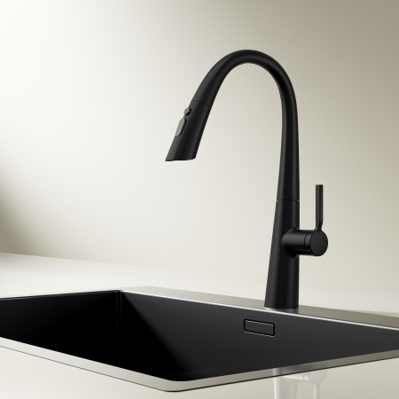 Смеситель для кухни с выдвижным изливом Vincea VKF-176MB черный матовый фото