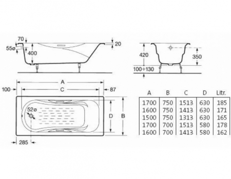 Чугунная ванна Roca Malibu 23107000R с п/ск покрытием 160х75 фото