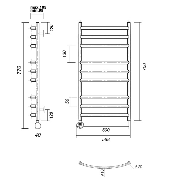 Полотенцесушитель электрический Domoterm Калипсо   Калипсо П9 500x700 ЧРН EL фото