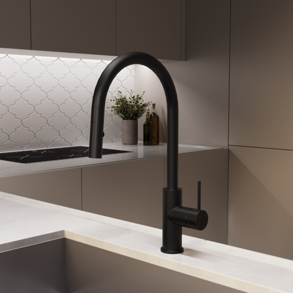 Смеситель для кухни с выдвижным изливом Vincea City VKF-2C1MB черный матовый фото