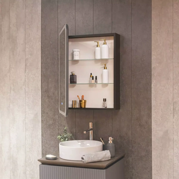 Зеркальный шкаф с подсветкой, подогревом и часами Aquame Фиджи AQM9204 левый, антрацит фото