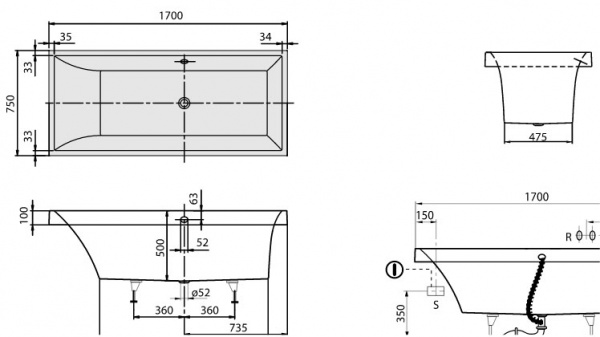 Квариловая ванна Villeroy & Boch Squaro UBQ170SQR2V-01 170x75 фото