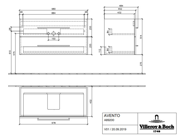 Тумба с раковиной Villeroy&Boch Avento A89200B4 100 см фото