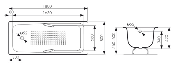 Чугунная ванна с ручками Kaiser КВ-1502 180x80 фото