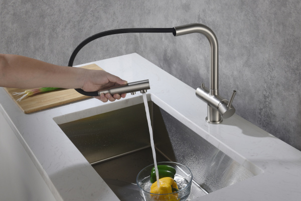 Смеситель для кухни с подключением фильтра и выдвижной лейкой Timo Saona 2356/13FL Никель фото