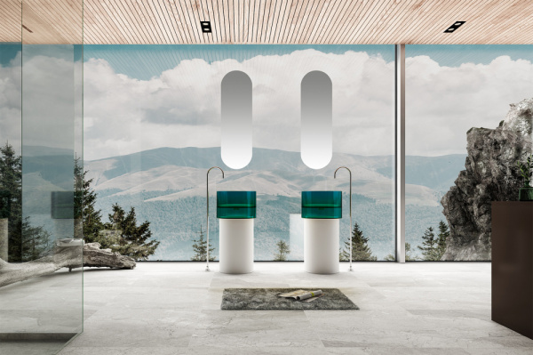 Напольная раковина из полиэфирной смолы Abber Kristall AT2701White-Aquamarin-H полиэфирная смола/искусственный камень, с техническим отверстием для монтажа у стены фото