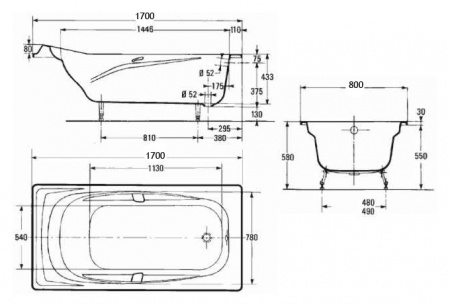 Чугунная ванна Jacob Delafon Repos E2918 без отверстий для ручек 170x80 фото