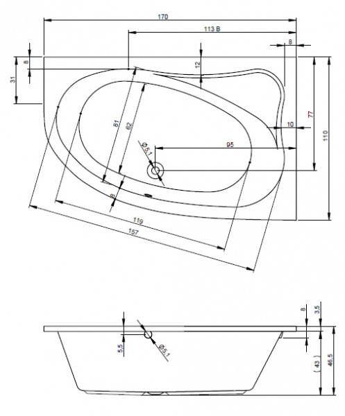 Акриловая ванна Riho Lyra BA6300500000000 170х110 R фото