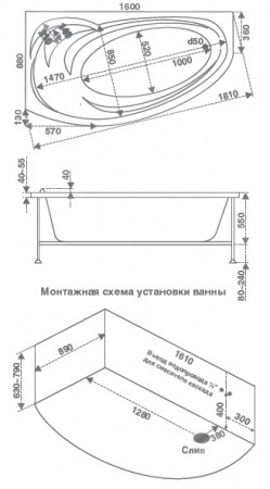 Ванна акриловая с гидромассажем Bas Флорида 160х90 L фото