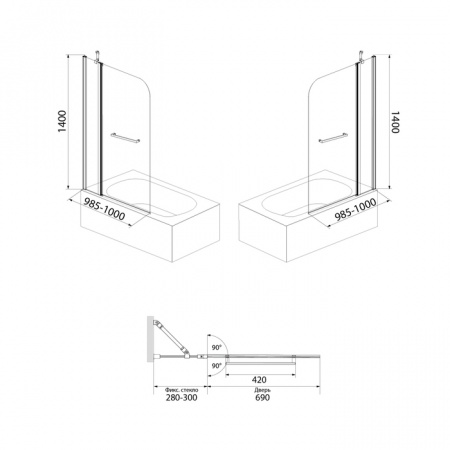 Шторка для ванны распашная Iddis Ray RAY6CS1i90 110х140 см прозрачное стекло фото