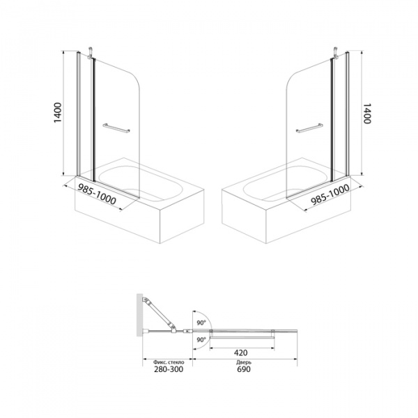 Шторка для ванны распашная Iddis Ray RAY6CS1i90 110х140 см прозрачное стекло фото
