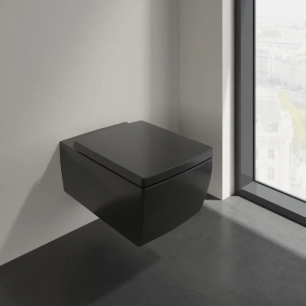 Подвесной унитаз безободковый Villeroy & Boch Memento 2.0 Ebony CeramicPlus 4633R0S5 черный матовый фото