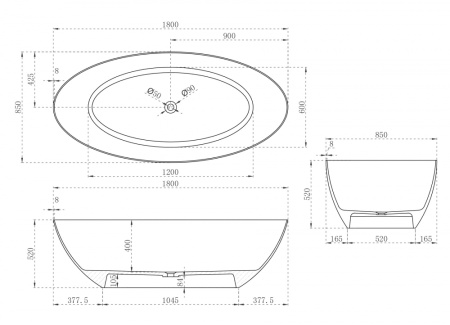 Ванна из искусственого камня Abber Stein AS9625-1.8180x85 белая матовая фото
