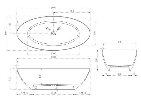 Ванна из искусственого камня Abber Stein AS9625-1.8180x85 белая матовая фото