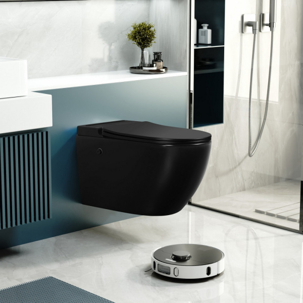 Подвесной унитаз с импульсным смывом Abber Bequem AC1108PMB с инсталляцией AC0101P, черный матовый фото
