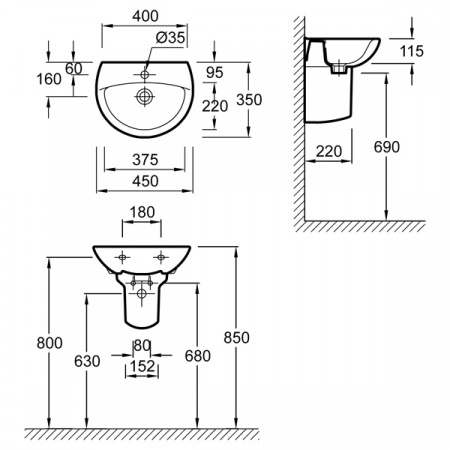 Рукомойник Jacob Delafon Odeon E4152-00 45 см фото