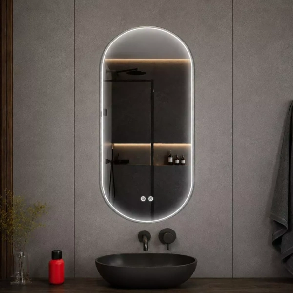 Овальное зеркало в серебряной алюминиевой раме Comforty Оникс 00-00014220CF 50x100 светодиодная подсветка, контактный сенсор, антизапотевание фото